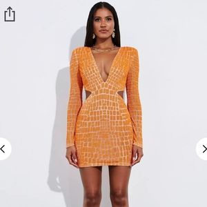 Beaded Orange Plunge Long Sleeve Dress